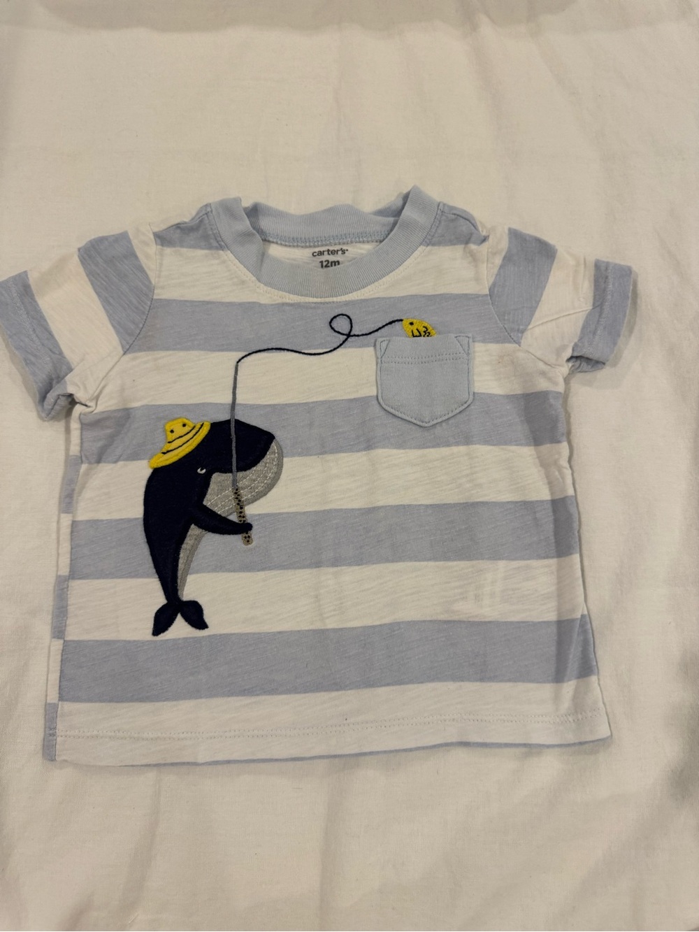 Carter's Light Blue & White Striped Whale Pocket Tee with Yellow Hat Detail